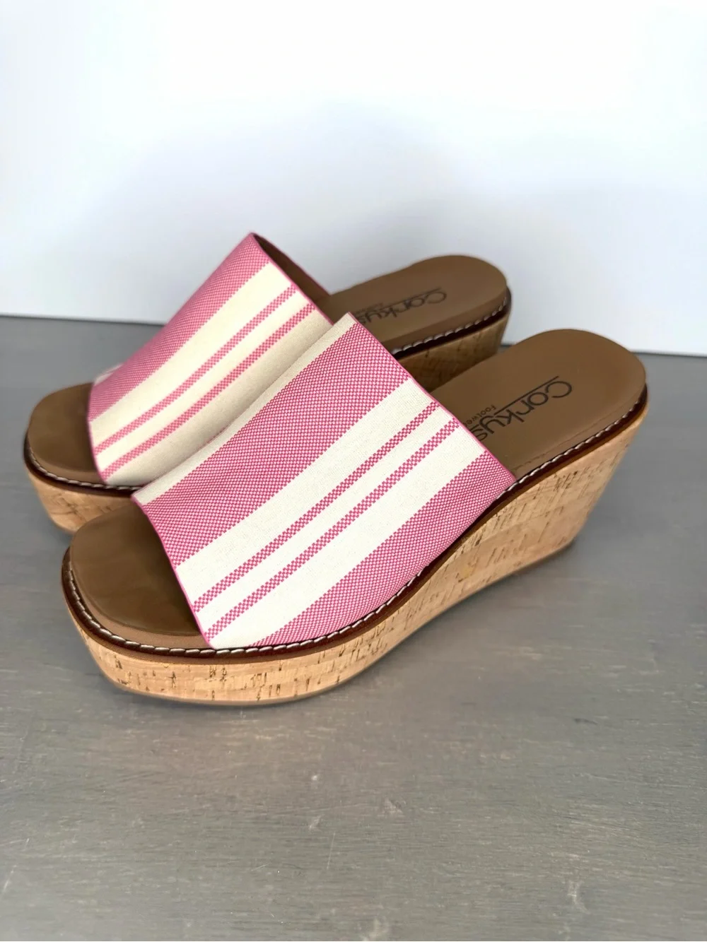 Corkys Pink and Cream Striped Cork Wedge Slides